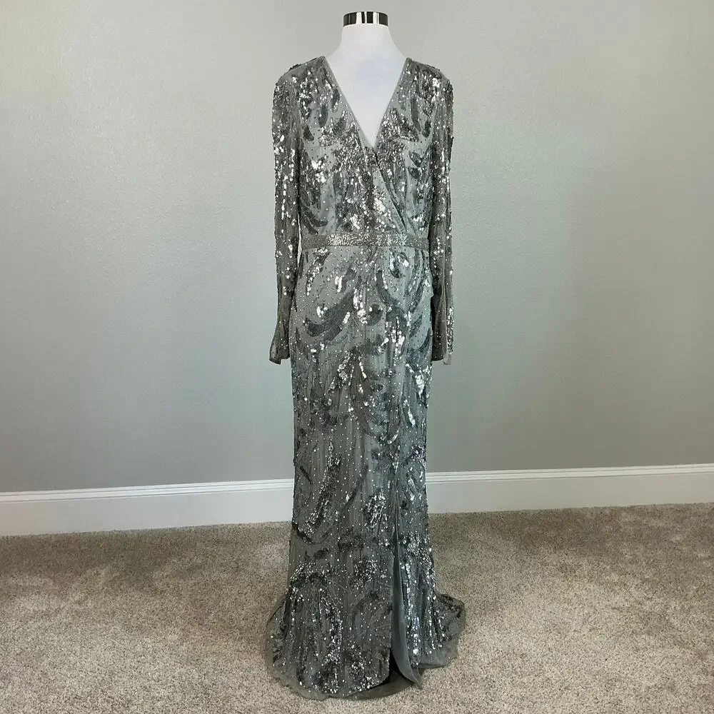 Mac Duggal 5222 Silver Evening Gown Sequined Long Sleeve A-Line Dress Size 12 - Picture 2 of 12